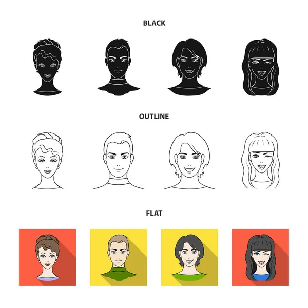 Olika utseende av unga människor. Avatar och ansikte som samling ikoner i svart, platt, disposition stil vektor symbol stock illustration web. — Stock vektor