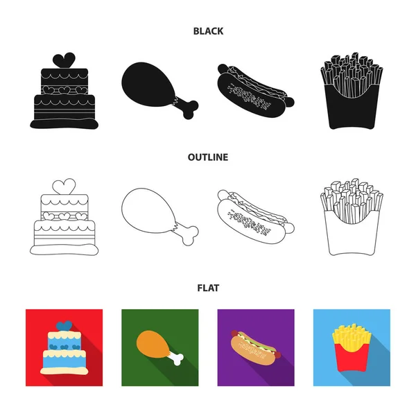 Κέικ, ζαμπόν, χοτ-ντογκ, τηγανιτές πατάτες. Fast food που συλλογή εικονιδίων στο μαύρο, επίπεδη, περίγραμμα στυλ διάνυσμα σύμβολο μετοχής εικονογράφηση web. — Διανυσματικό Αρχείο