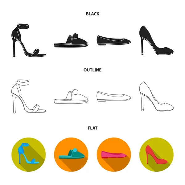 Blue high-heeled sandals, homemade lilac slippers with a pampon, pink women ballet flats, brown high-heeled shoes. Shoes set collection icons in black,flat,outline style vector symbol stock — Stock Vector