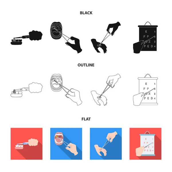 Cuidado dental, tratamiento de heridas y otro icono de la web en negro, plano, esquema style.oral tratamiento, iconos de pruebas de la vista en la colección de conjuntos . — Vector de stock