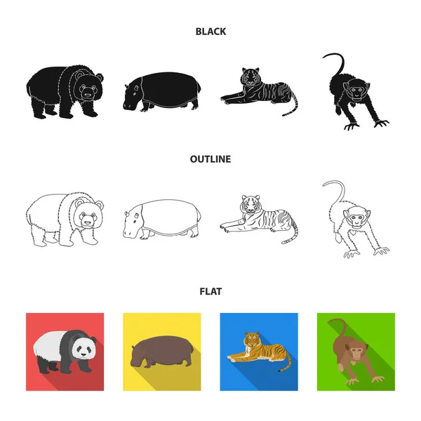Μπαμπού αρκούδα, ιπποπόταμο, άγριας τίγρης ζώο, μαϊμού. Άγριο ζώο στεγάζεται συλλογή εικονιδίων σε μαύρο, επίπεδη, περίγραμμα στυλ διάνυσμα σύμβολο μετοχής εικονογράφηση web. — Διανυσματικό Αρχείο
