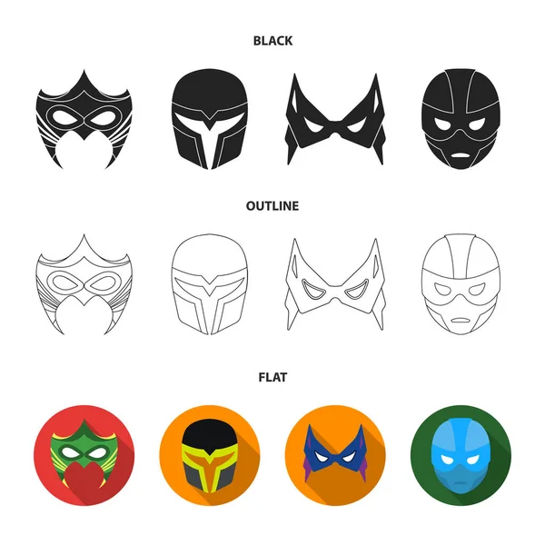 Máscara en la cabeza y los ojos. Super héroe máscara conjunto colección iconos en negro, plano, contorno estilo vector símbolo stock ilustración web . — Archivo Imágenes Vectoriales