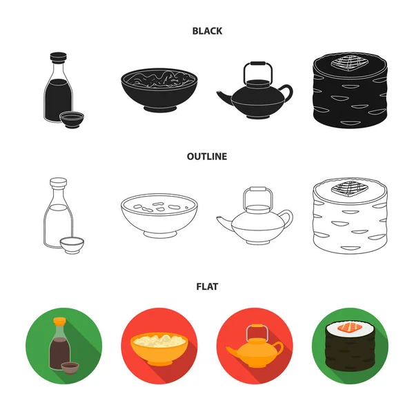 Salsa di soia, tagliatelle, kettle.rolls.Sushi set icone di raccolta in nero, piatto, contorno stile vettore simbolo stock illustrazione web . — Vettoriale Stock