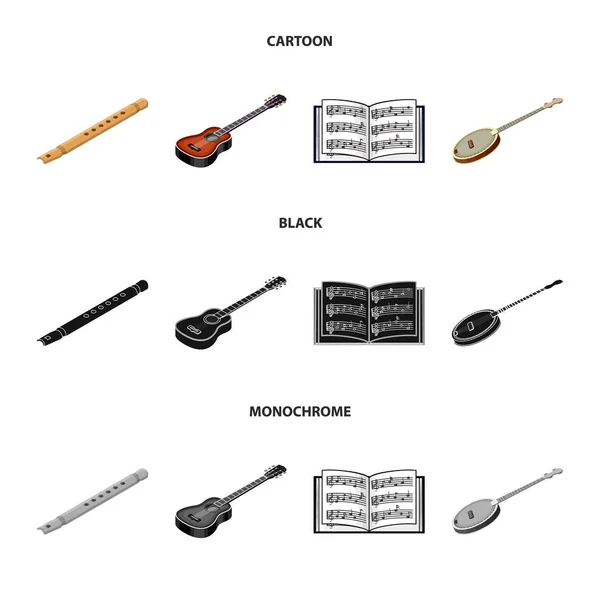 Musikinstrument Cartoon, schwarze, monochrome Ikonen in Set-Kollektion für Design. Saiten- und Blasinstrument isometrisches Vektor-Symbol Stock Web Illustration. — Stockvektor