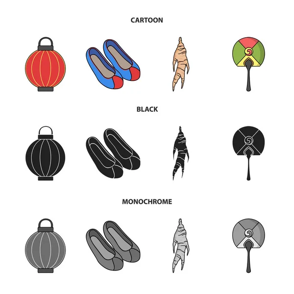 루트, 한국 손전등, 국가 신발, 멀티 컬러 팬 치유. 한국 만화, 흑인, 흑백 스타일 벡터 기호 재고 일러스트 웹 컬렉션 아이콘 설정. — 스톡 벡터