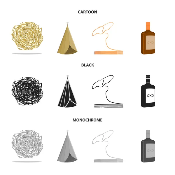 Rulle-fältet, indiska wigwam, lasso, whisky flaska. Vilda västern som samling ikoner i tecknad, svart, svartvit stil vektor symbol stock illustration web. — Stock vektor