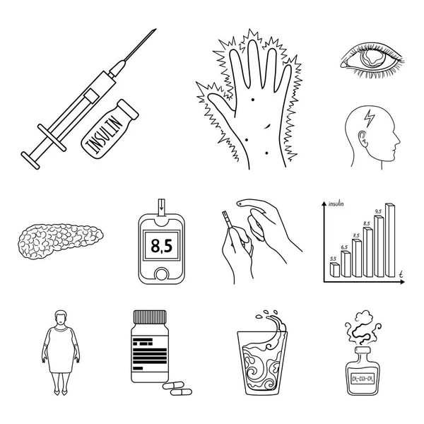 La diabetes esboza iconos en la colección de conjuntos para el diseño. Tratamiento de la diabetes vector símbolo stock web ilustración . — Vector de stock