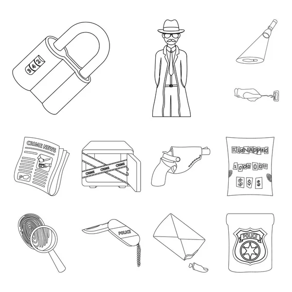 Agencia de detectives esbozan iconos en la colección de conjuntos para el diseño. Crimen e investigación vector símbolo stock web ilustración . — Vector de stock