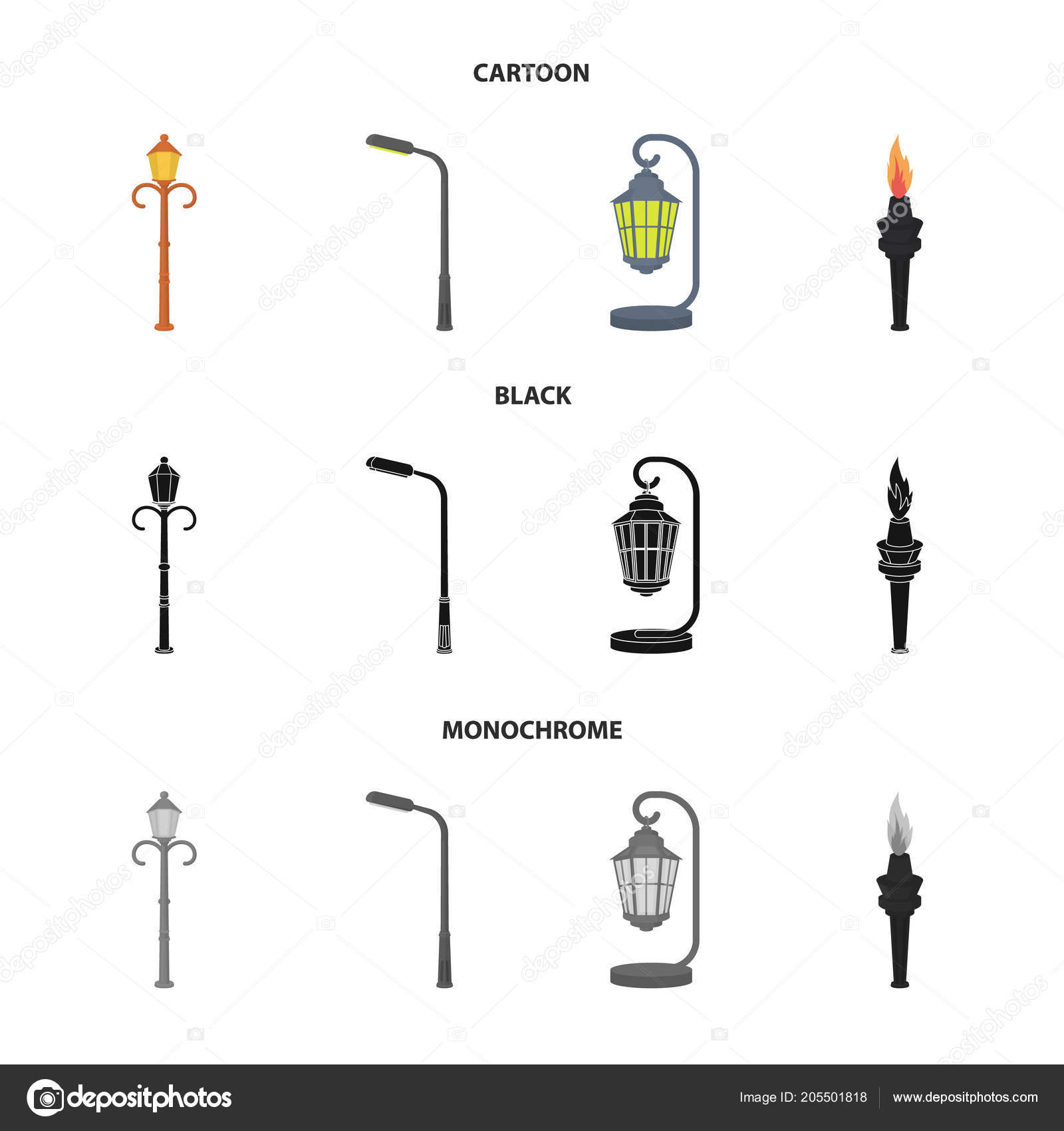 Lamppost in retro style,modern lantern, torch and other types of