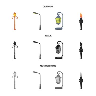 Retro tarzı, modern fener, meşale ve diğer tip-in sokak sokak lâmbası direği. Elektrik direği toplama simgeler çizgi film, siyah, tek renkli stil vektör simge stok çizim web içinde ayarla..