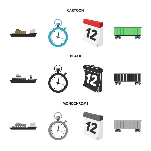 Teherszállító hajó, stopper, naptár, vasúti kocsik. Logisztikai, set gyűjtemény ikonok képregény, fekete, fekete-fehér stílus vektor szimbólum stock illusztráció web. — Stock Vector