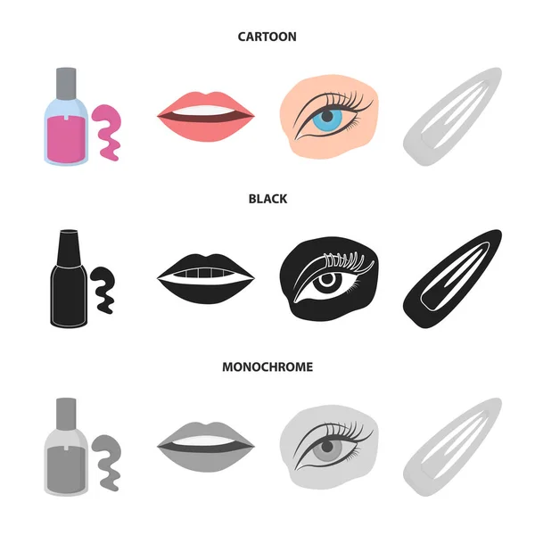 Nail polish, tinted eyelashes, lips with lipstick, hair clip.Makeup set collection icons in cartoon,black,monochrome style vector symbol stock illustration web. — Stock Vector