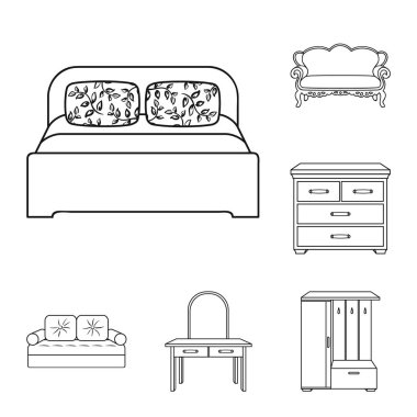 Mobilya ve iç anahat simgeleri set koleksiyonu tasarım için. Ev mobilyaları vektör simge stok web çizimi.