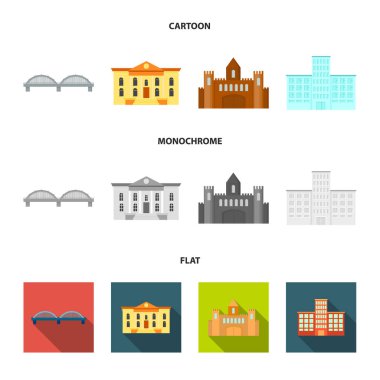 Müze, köprü, kale, hastane. Bina küme toplama simgeler karikatür, düz, tek renkli stil vektör simge stok çizim web.