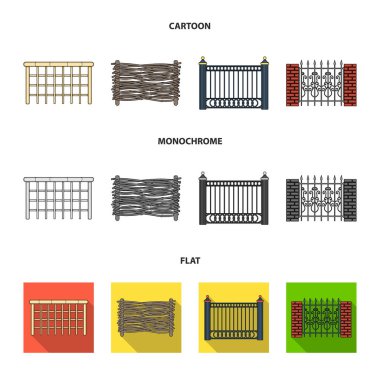 Metal ve tuğla, ahşap çit çit. Farklı bir çit koleksiyonu Icons set çizgi, düz, tek renkli stil vektör simge stok çizim web.