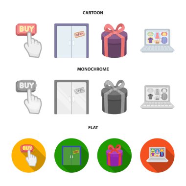El, tıklayın, Asansör, Hediyelik, kutusu, kapı, online mağaza ve diğer ekipmanlar. E ticaret küme toplama simgeler karikatür, düz, tek renkli stil vektör simge stok çizim web.