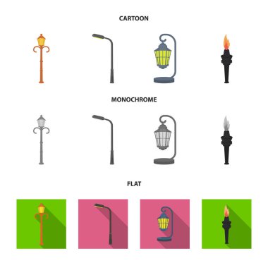 Retro tarzı, modern fener, meşale ve diğer tip-in sokak sokak lâmbası direği. Elektrik direği küme toplama simgeler karikatür, düz, tek renkli stil vektör simge stok çizim web.
