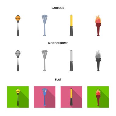 Retro tarzı, modern fener, meşale ve diğer tip-in sokak sokak lâmbası direği. Elektrik direği küme toplama simgeler karikatür, düz, tek renkli stil vektör simge stok çizim web.