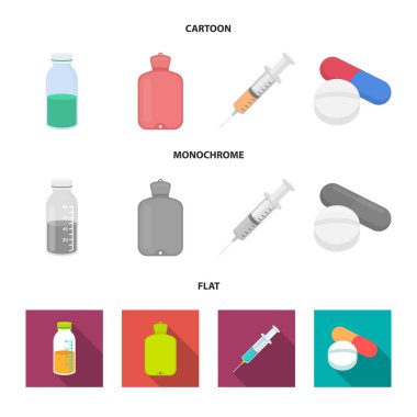 Çözüm, daha sıcak, şırınga, hap. Tıp küme toplama simgeler karikatür, düz, tek renkli stil vektör simge stok çizim .