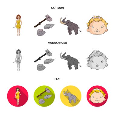 Silah, çekiç, fil, mamut. Taş devri küme toplama simgeler karikatür, düz, tek renkli stil vektör simge stok çizim web.