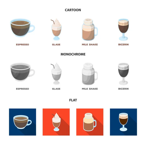 Esprecco, glase, milk shake, bicerina.Diferentes tipos de ícones de coleção de conjuntos de café em desenhos animados, plana, estilo monocromático símbolo vetorial web ilustração . —  Vetores de Stock