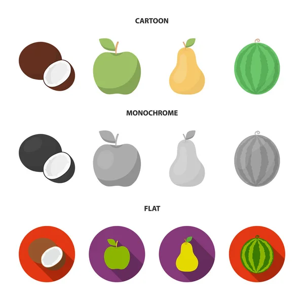 Coco, maçã, pêra, melancia. Conjunto de frutas ícones de coleção em desenhos animados, plana, estilo monocromático símbolo vetorial web ilustração . —  Vetores de Stock