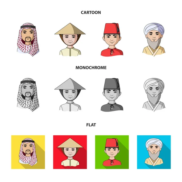 Árabe, turco, vietnamita, asiático médio. Coleção de conjuntos de raças humanas ícones em desenhos animados, lisos, estilo monocromático símbolo vetorial ilustração web . —  Vetores de Stock