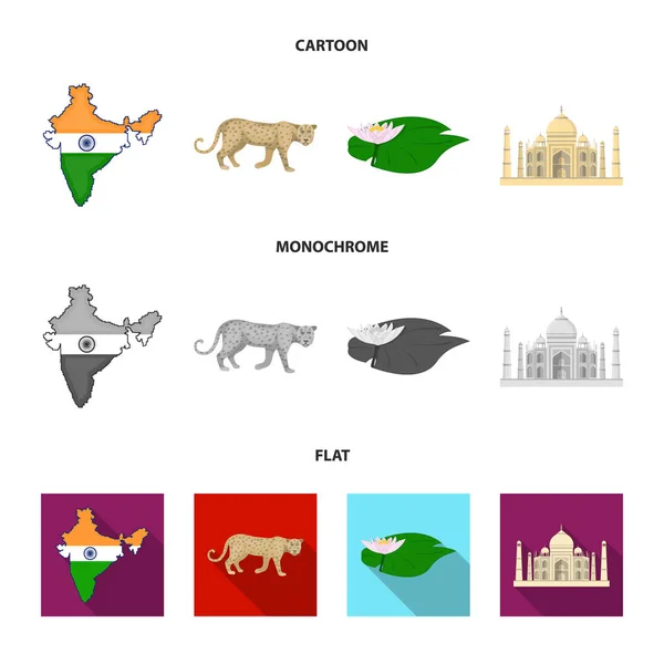 Country India cartone animato, piatto, icone monocromatiche in collezione set per il design.India e punto di riferimento vettoriale simbolo stock web illustrazione . — Vettoriale Stock