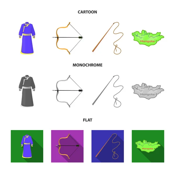 .Vestido mongol, arco de batalha, theria no mapa, Urga, Khlyst. Mongólia conjunto coleção ícones em desenhos animados, plana, estilo monocromático símbolo vetorial estoque ilustração web . — Vetor de Stock