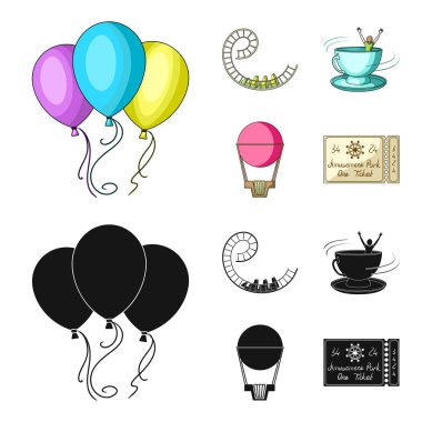 Roller coaster binmek, balon sepet, caruelle Kupası, parkın girişinde bir bilet ile. Eğlence Parkı toplama simgeler çizgi film, siyah stil vektör simge stok çizim web ayarla..