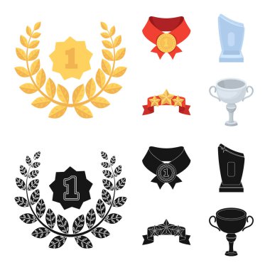 Kazanan için rekabet, Kristal Ödülü, yıldız ile bir şerit, bir madalya kırmızı şerit üzerinde ilk etapta. Kupalar ve ödüller çizgi film, siyah stil vektör simge stok simgeler ayarla