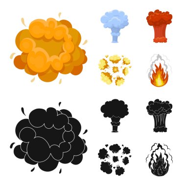 Alevi, kıvılcım, hidrojen parçaları, atom veya gaz patlaması. Patlamalar toplama simgeler çizgi film, siyah stil vektör simge stok çizim web ayarla..