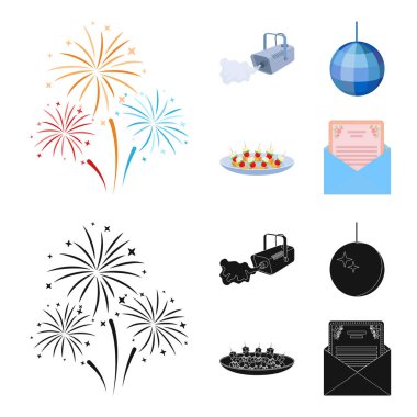 Duman, twirling bir tatil top, sandviç bir tabak, bir tebrik kartı olan bir zarf ile bir video kamera. Etkinlik Hizmetleri toplama simgeler çizgi film, siyah stil vektör simge stok illüstrasyon ayarla.