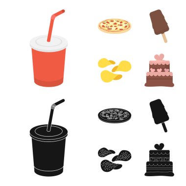 Cola, pizza, dondurma, cips. Fast food toplama simgeler çizgi film, siyah stil vektör simge stok çizim web ayarla..