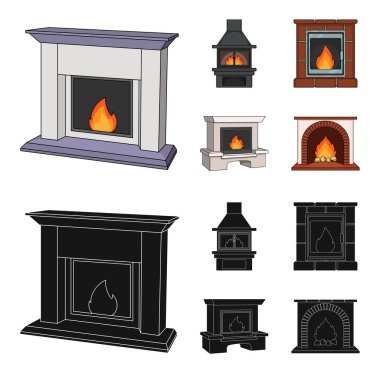 Yangın, sıcaklık ve konfor. Şömine toplama simgeler çizgi film, siyah stil vektör simge stok çizim web ayarla..