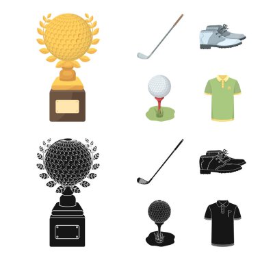 Kupa golf club, topu standında, golfçü ayakkabı. Golf Kulübü çizgi film, siyah stil vektör simge stok çizim web simgeler ayarla.