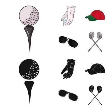 Bir top, kırmızı şapka, güneş gözlüğü, iki kulüp ile golf oynamak için bir eldiven. Golf Kulübü çizgi film, siyah stil vektör simge stok çizim web simgeler ayarla.