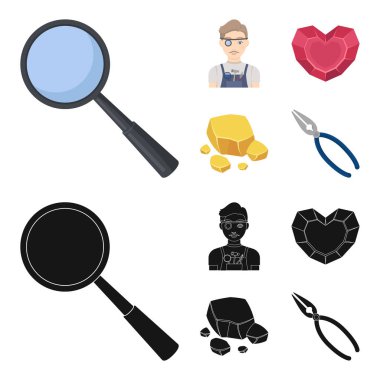 Kuyumcu, pense, altın cevheri, kalp şeklinde lal. Değerli mineraller ve kuyumcu toplama simgeler çizgi film, siyah stil vektör simge stok çizim web ayarla.