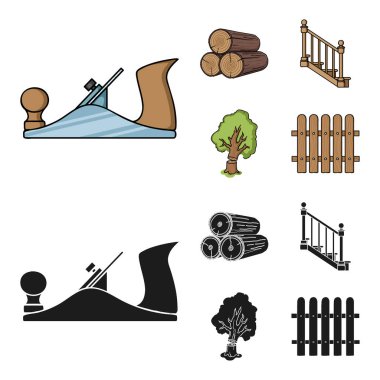 Bir yığın, uçak, ağaç, Merdiven küpeşte ile açar. Kereste ve ahşap çizgi film, siyah stil vektör simge stok çizim web simgeler ayarla.