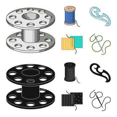 Bir makara ile konu, bir iğne, bir curl, kumaş dikiş. Dikiş veya araçları terzilik çizgi film, siyah stil vektör simge stok çizim web simgeler ayarla.