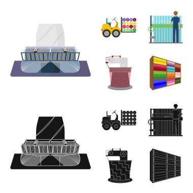 Ekipman, makine, forklift ve diğer web simgesi çizgi film, siyah tarzı. Tekstil, endüstri, doku, küme koleksiyon simgeler.