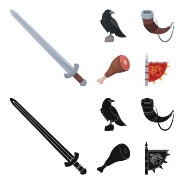 Karga, boynuz içki, jambon, zafer bayrak ile oturuyor. Vikingler çizgi film, siyah stil vektör simge stok çizim web simgeler ayarla.