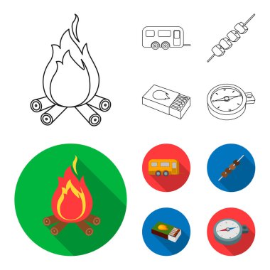Römork, şiş kebap, kibrit, pusula. Kamp toplama simgeler anahat, düz stil vektör simge stok çizim web ayarla.