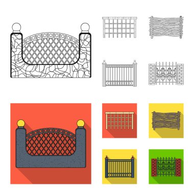 Metal ve tuğla, ahşap çit çit. Farklı bir çit toplama simgeler anahat, düz stil vektör simge stok çizim web ayarla..