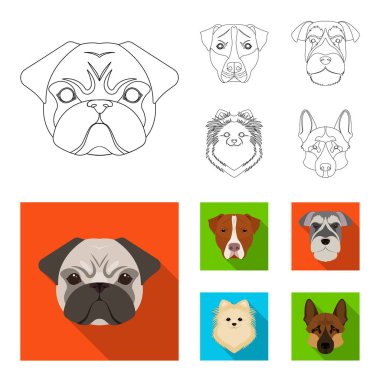 Farklı doğurmak-in köpek ağızlık. Köpek doğurmak Stafford, Spitz, Risenschnauzer, Alman çoban köpeği anahat, düz stil vektör simge stok çizim web simgeler ayarla.