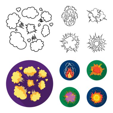 Alevi, kıvılcım, hidrojen parçaları, atomik ya da gaz patlaması, fırtına, güneş patlaması. Patlamalar toplama simgeler anahat, düz stil vektör simge stok çizim web ayarla..