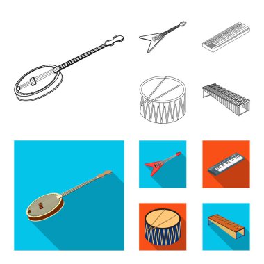 Müzik aleti anahat, set koleksiyonu tasarım için düz simgeler. Resimde web dize ve Nefesli/Üflemeli Saz izometrik vektör simge stok.