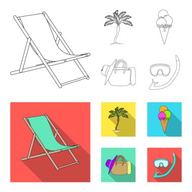 Plaj, palmiye ağacı, dondurma. Yaz tatili toplama simgeler anahat, düz stil vektör simge stok çizim web ayarla..