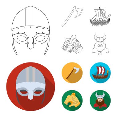 Viking kask, savaş baltası, çaylak kalkanlar, ejderha, hazine ile kürek üzerinde. Vikingler toplama simgeler anahat, düz stil vektör simge stok çizim web ayarla..