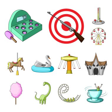 Set koleksiyonu tasarım için eğlence parkı karikatür simgeler. Cihazları ve mekanlarına sembol stok web illüstrasyon vektör.